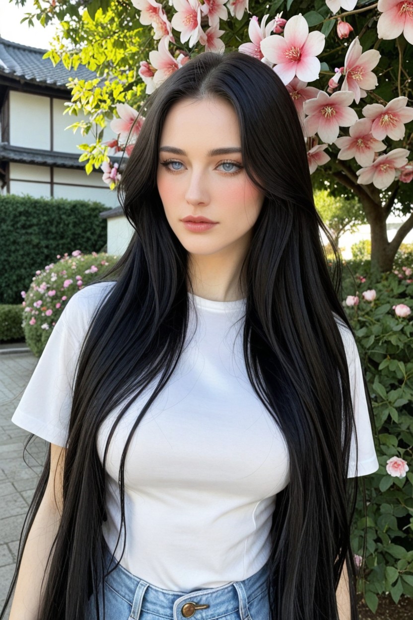 Raven Black Hair, Incredibly Pale Skin, Disproportionately Large Hairstyle AI Porn