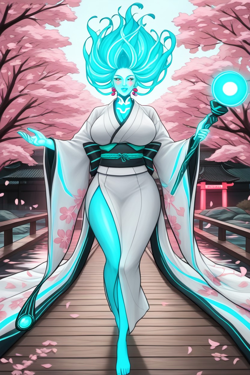 Beautiful Face, Japanese Wooden Bridge Over River, Traditional Japanese Woodcut Background AI Porn