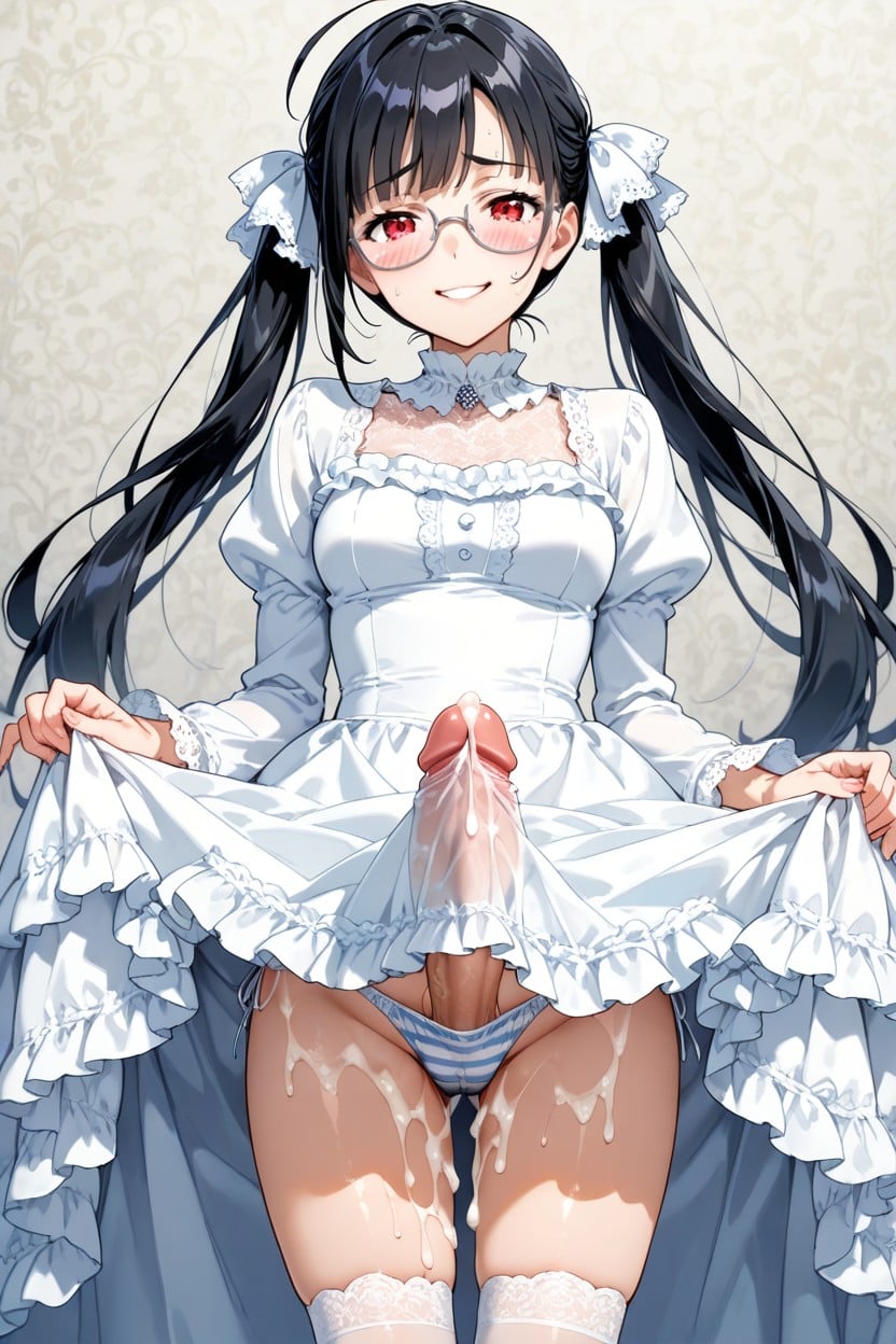Cowboy Shot, Upskirt, Showing Her Erect Futanari Penis Hentai AI Porn