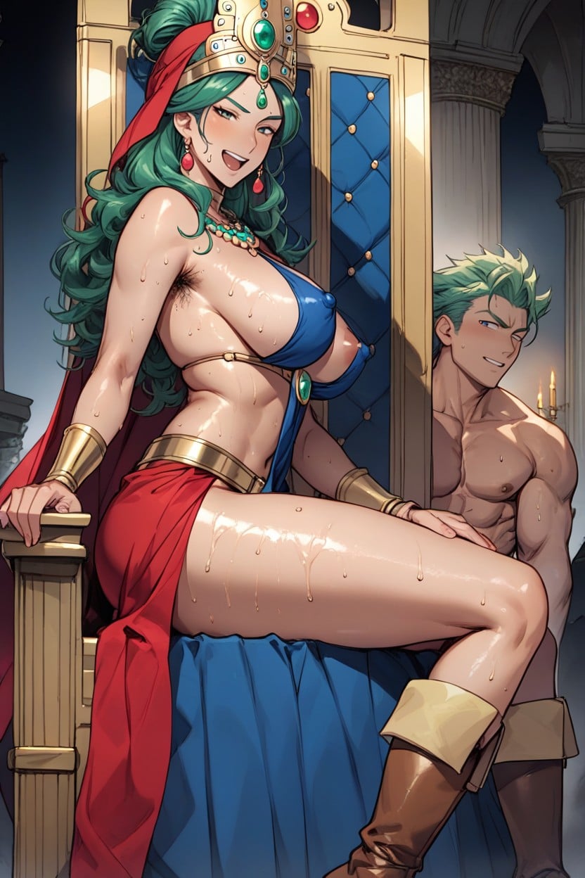 Oiled Skin, Both Have Emerald Green Hair, Erect Nipples AI Porn