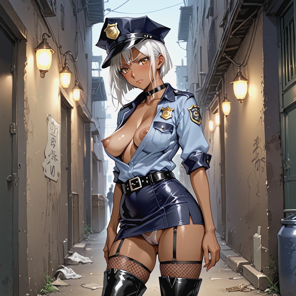 White Pubic Hair, Police Uniform, Fishnet Stockings AI Porn