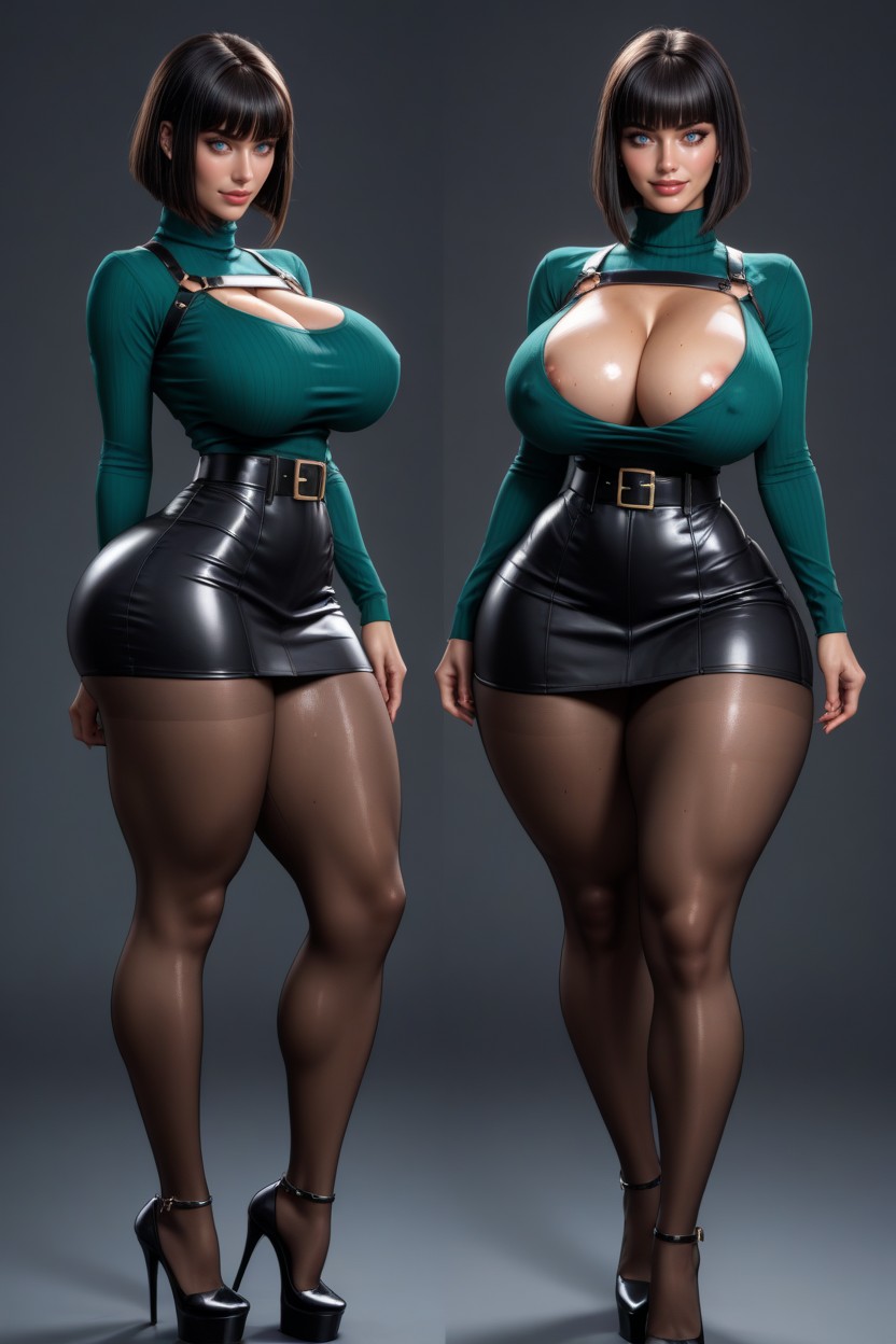 Blunt Bob Haircut, Light Green With Longsleeves Turtleneck Sweater With Cleavage, Shiny Skin AI Porn