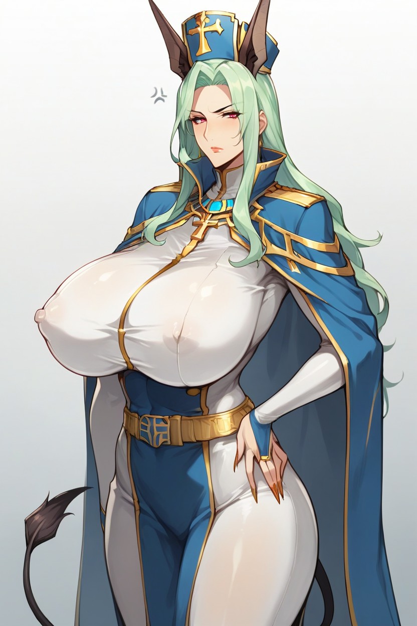 Light Green Hair, Blue Cape, Cowboy Shot Hentai AI Porn