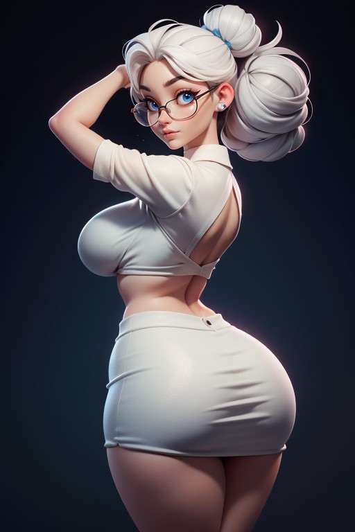 Teacher Outfit, Glasses, Very White Hair Tied Up Into A Tight Bun Hentai AI Porn