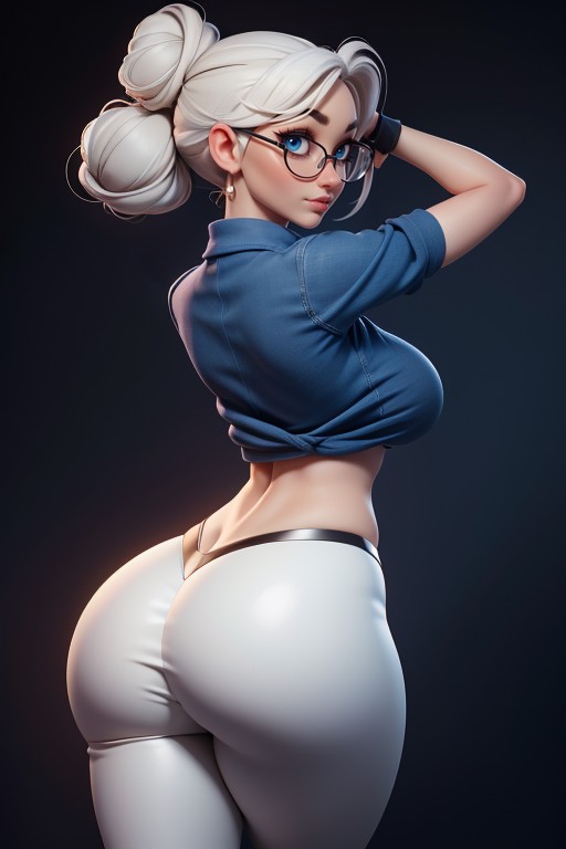 Correct Body Proportions, Blue Eyes, Rear Angle View Of Wide Massive Ass Hentai AI Porn