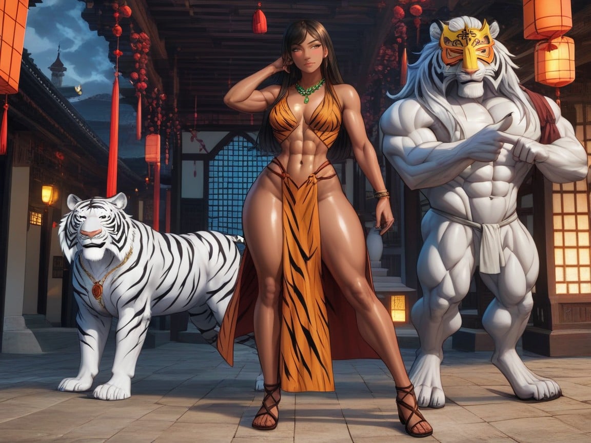 Squared Hips, Silver Tiger Mask, Stone Tiger Statues In Background Hentai AI Porn