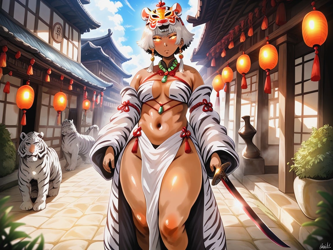 Asian Village, Wide Waist, Silver Tiger Print Monk Robe Latina AI Porn