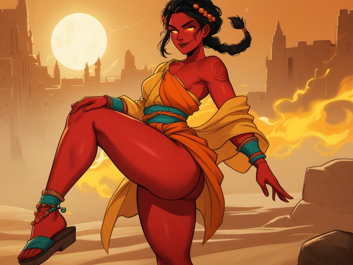 Desert Background, Proud Smug Face, Wearing Orange African Deity Clothes Hentai AI Porn