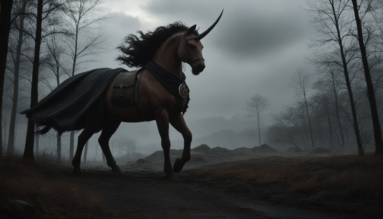 A Black Knight With Translucent Head, He Rides A Powerful Black Unicorn With Glowing Green Eyes, High Resolution BBW AI Porn