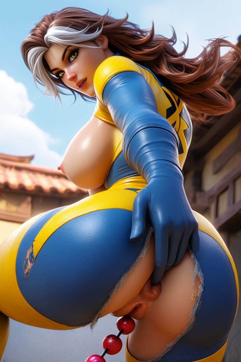 Exposed Vagina, Exposed Asshole, Yellow And Blue X-men Suit AI Porn