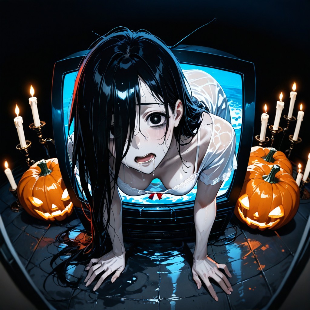Fisheye View, Long Sleek Hair, Black Eyes Hentai AI Porn