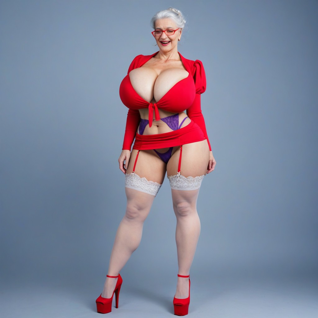 White Sheer Stockings With Bright Red Frilly Socks, Mini Skirt, Standing AI Porn