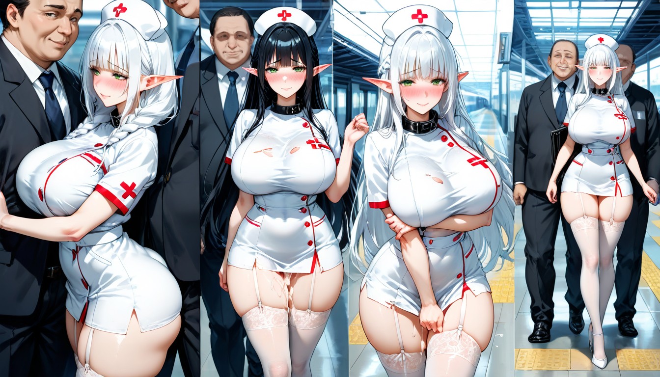 Cara Cansada, White Hair, White Nurse Uniform Dress Hentai IA