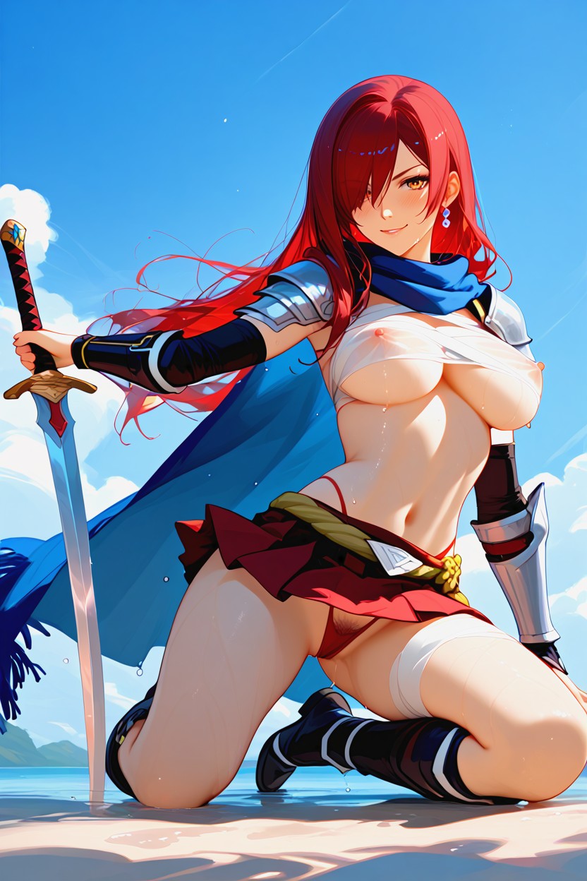 Underboob, Scarf, Red Hair Hentai AI Porn