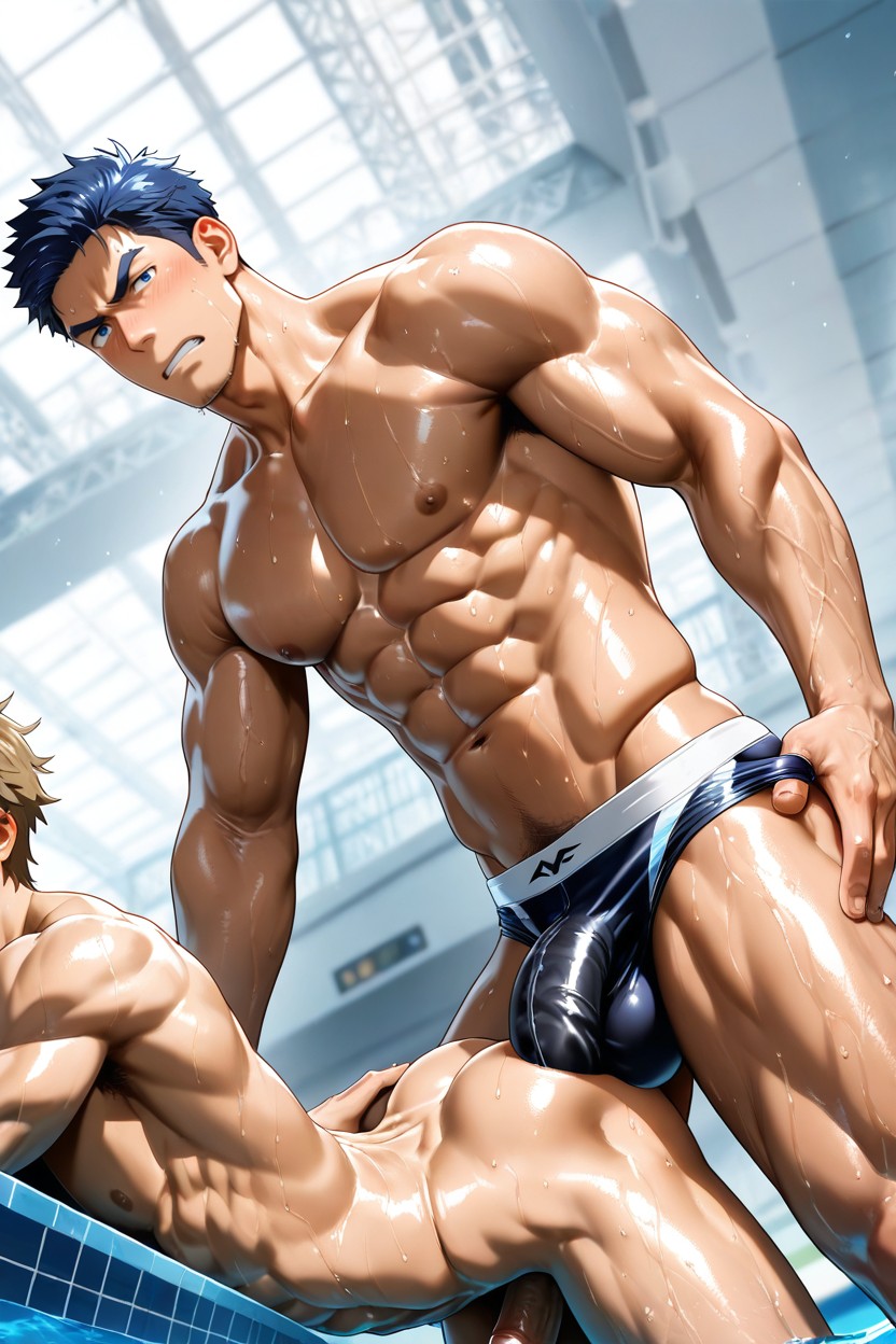 Masculine Men Only, Wet Body, Blue Hair AI Gay Porn