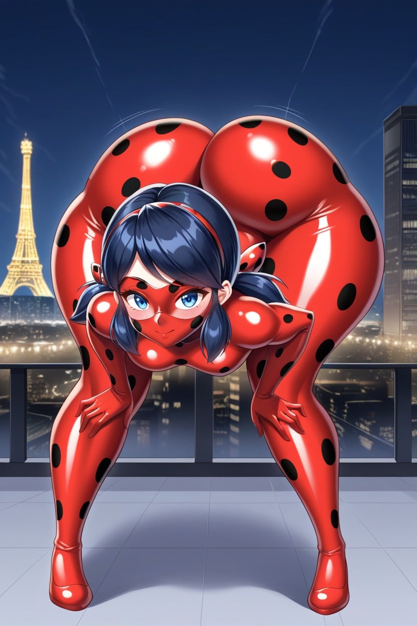 Red Latex Miraculous Ladybug Cosplay Outfit With Black Polka Dots, Polkadots, Twerking Pose AI Porn