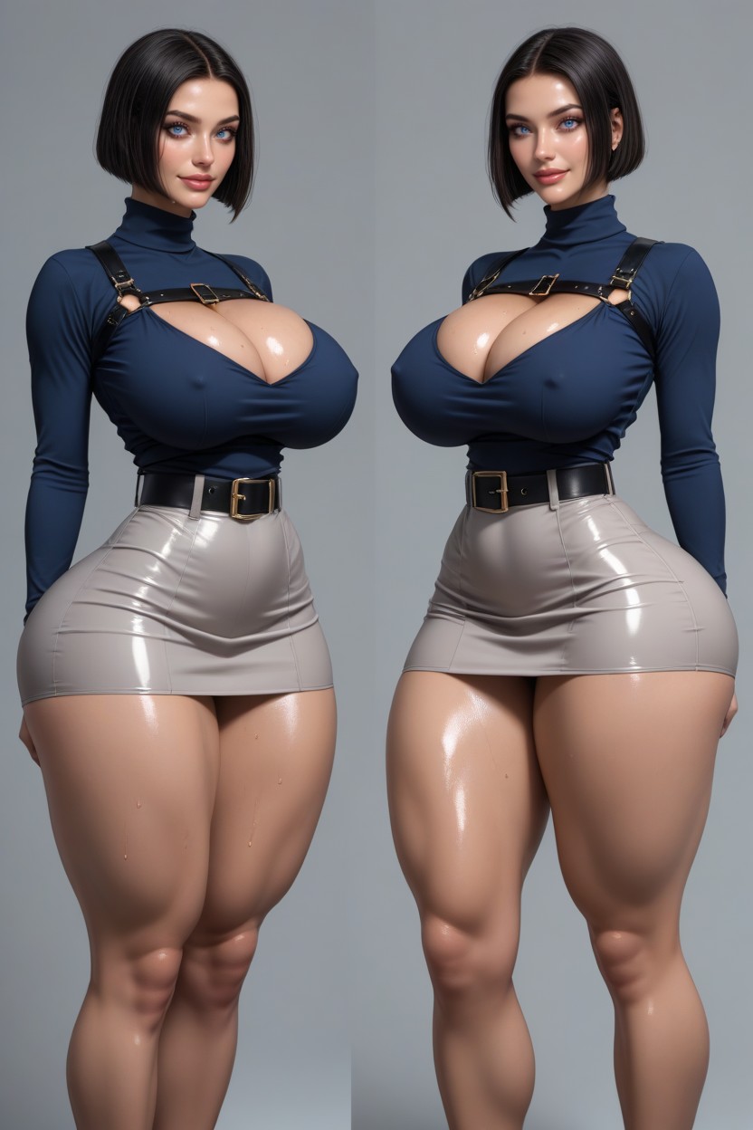 Big Butt, Piercing, Light Blue Longsleeves Turtleneck Sweater With Cleavage AI Porn