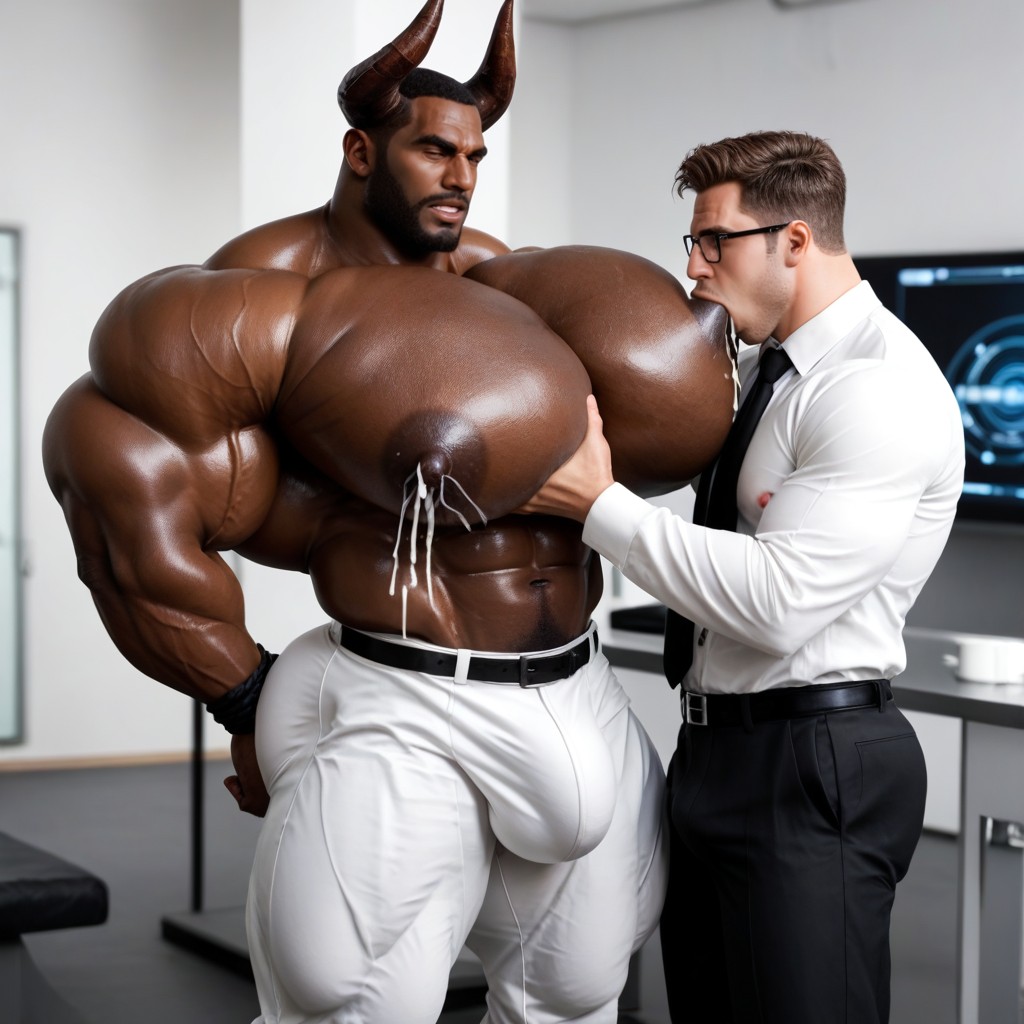 Erect Gigantic Penis, Tight White Pants, Another Man Grabbing Milk Man's Boobs AI Gay Porn