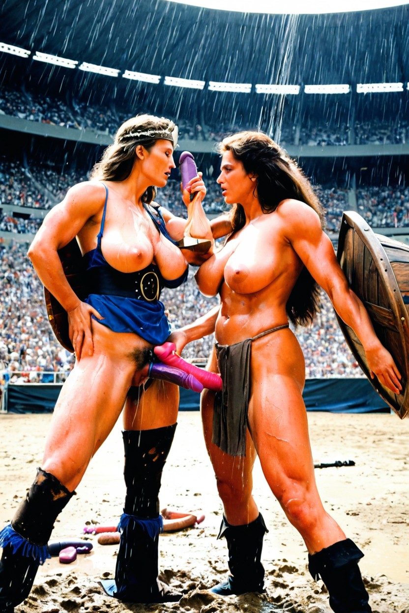 Colosseum, Two Female Viking Warriors Fighting Eachother, Wet Shiny Skin AI Porn