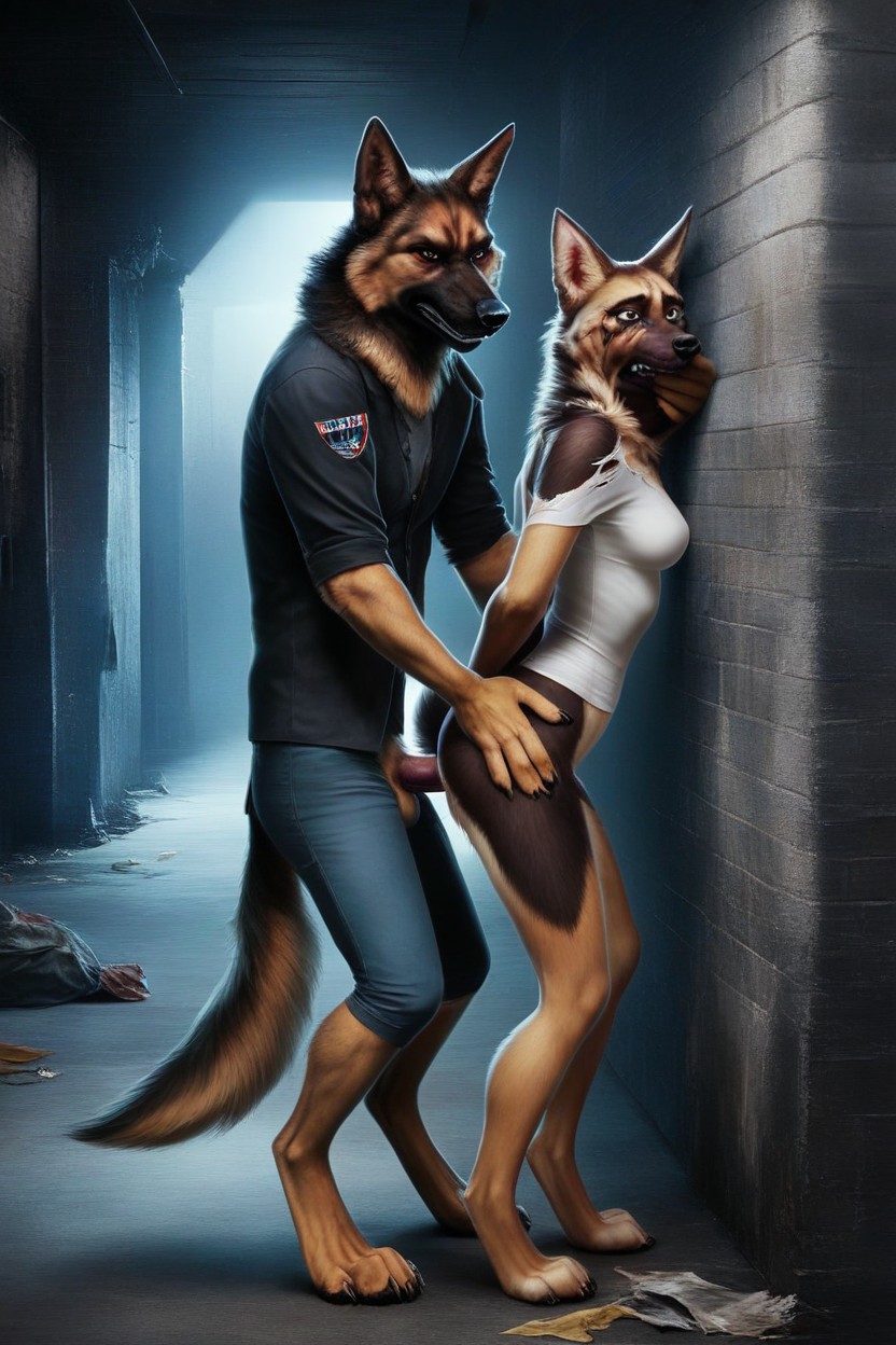 Grabbing Arms From Behind, Leaning Against Wall, Dark Scene Furry AI Porn
