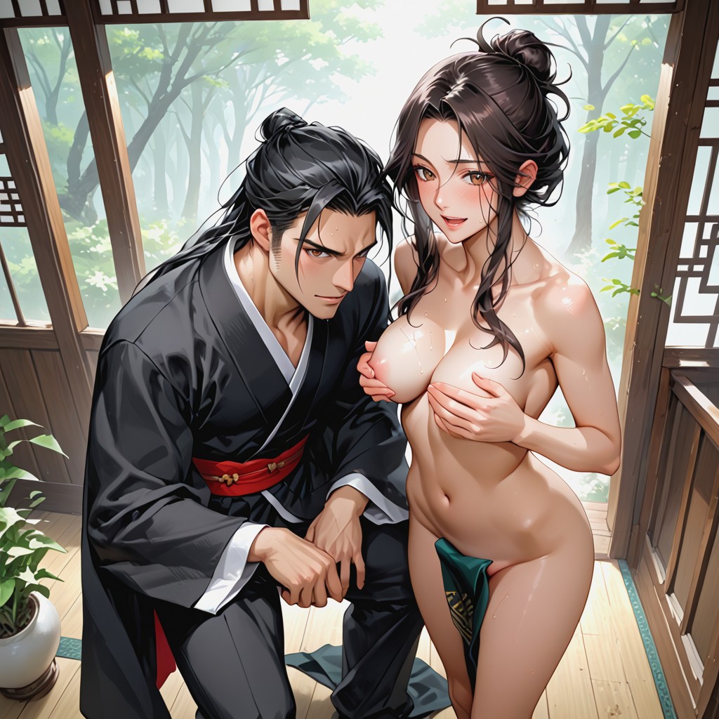 Woman Naked, One Woman And One Man, Woman Kneeling Hentai AI Porn