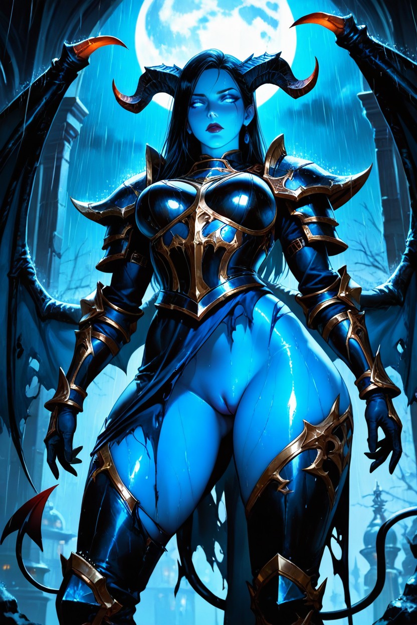 Blue Light, Standing Spreading Legs, Big Demon Wings AI Porn