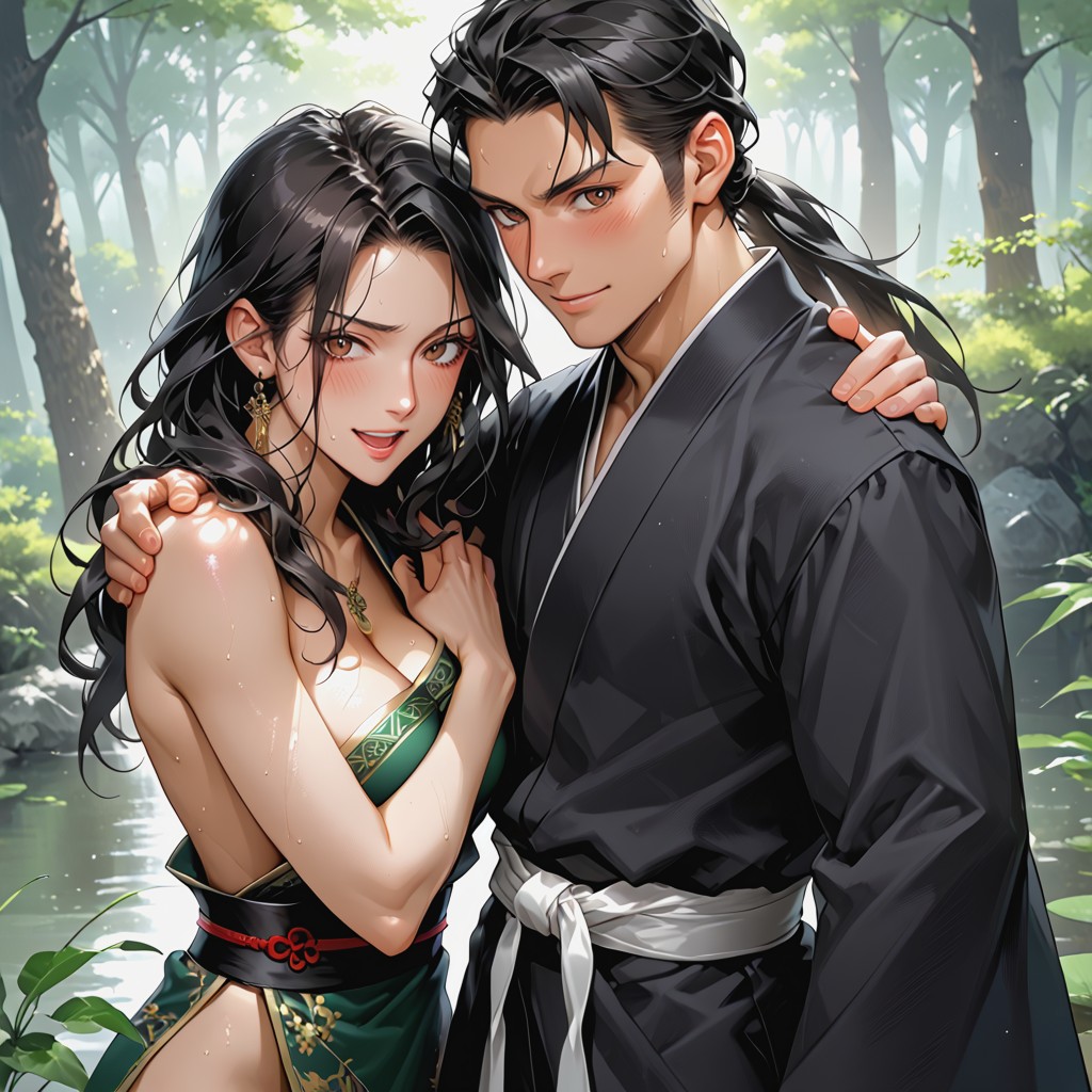 Woman Nude, Man Standing, Woman Long Black Hair Hentai AI Porn