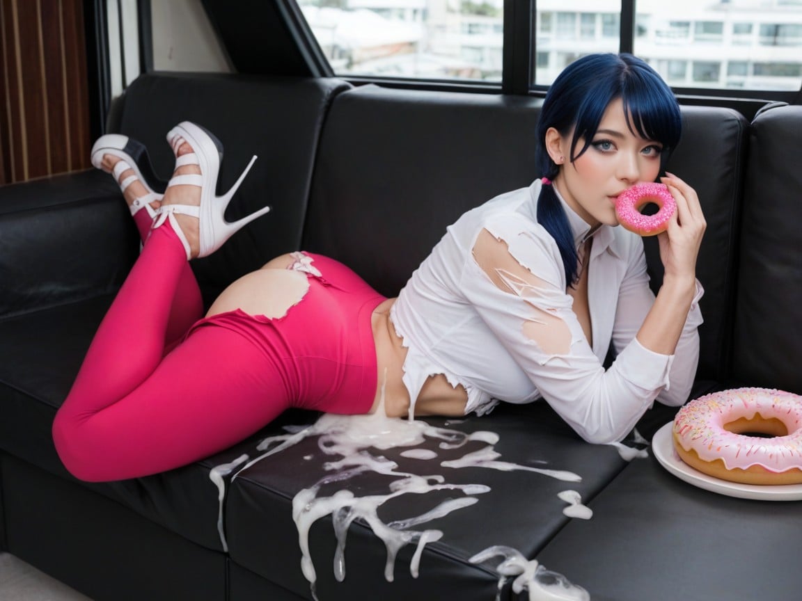 Pink Pants, Shy, Eating A Donut Covered In Cum Shemale AI Porn