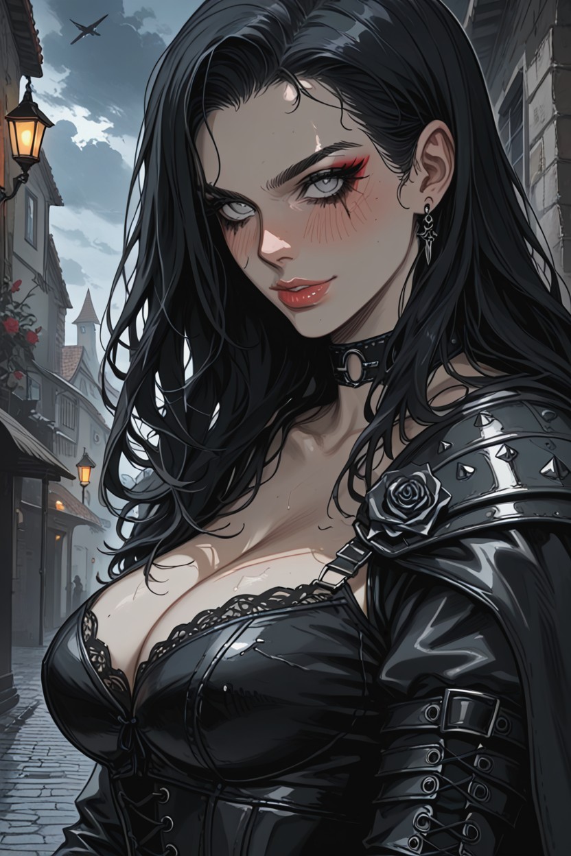 Night, Rich Red Rose, Wearing Black And Crimson Leather Armor Hentai AI Porn