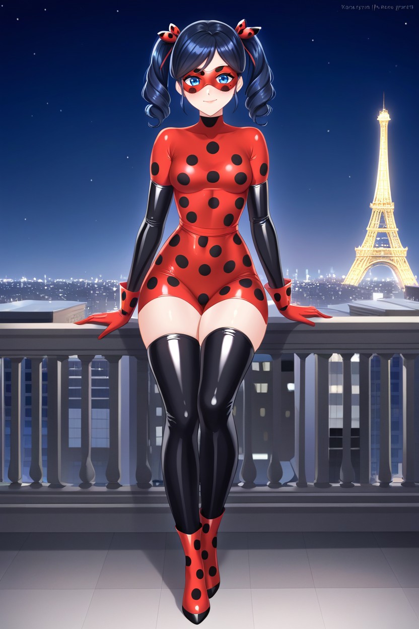 City Background, Wearing Miraculous Ladybug Eyemask, Detailed Huge Blue Eyes AI Porn
