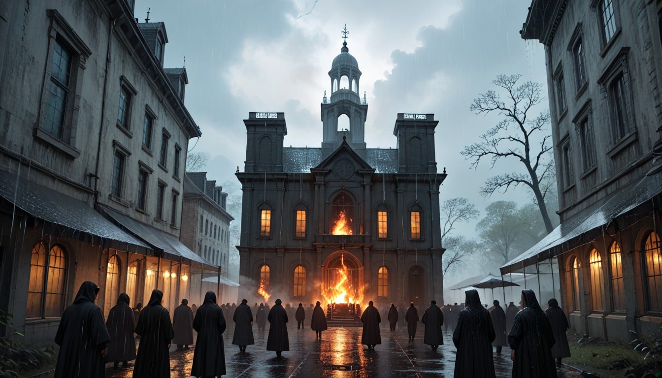 Their Branches Reaching Skyward, The Roof Of The Building Is Burning Fiercely, The Foreground Is Sparse Moorland And Rough Terrain BBW AI Porn