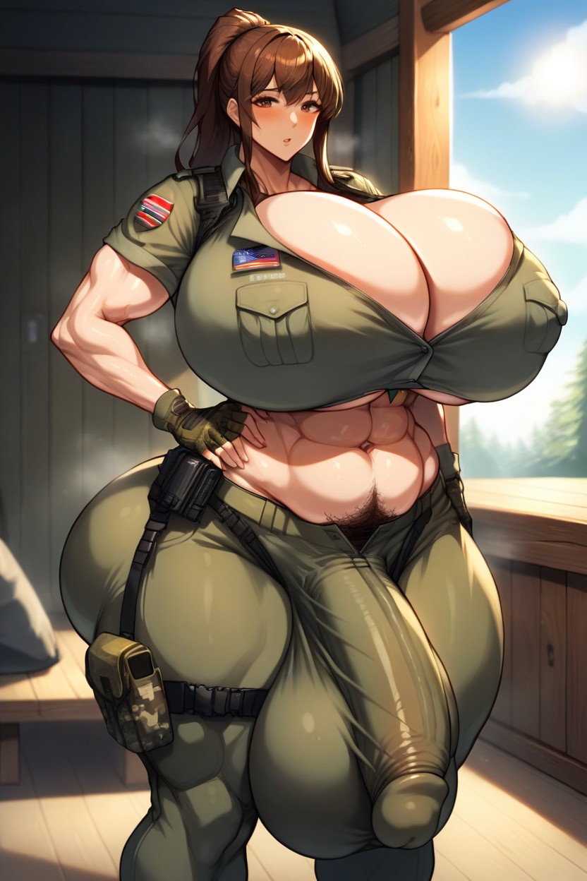 Huge Bulge, Massive Breasts, Camo Sneaking Suit Shemale AI Porn