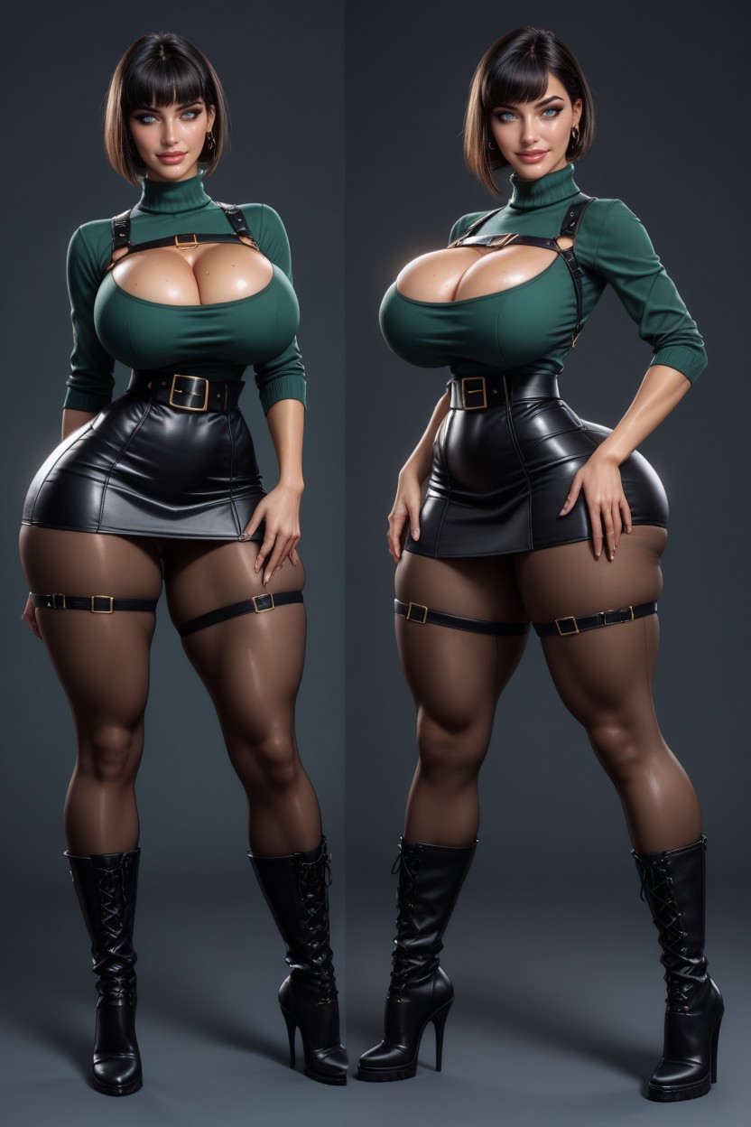Extremely Deep Cleavage, Extremely Compressed Boobs, Bimbo Lips AI Porn