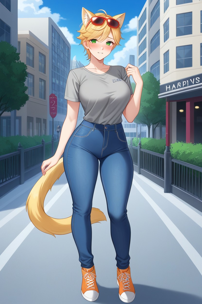 Swishing Blonde Tail, Lots Of Freckles, Detailed Huge Green Eyes AI Porn