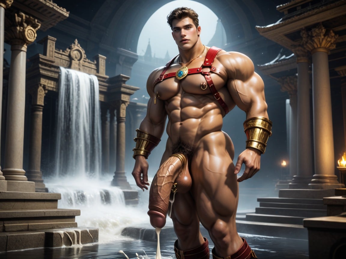 Gold Antic Bold Necklace With Gem Stones, Cum On Taint, Trained Veiny Deep Abs AI Gay Porn