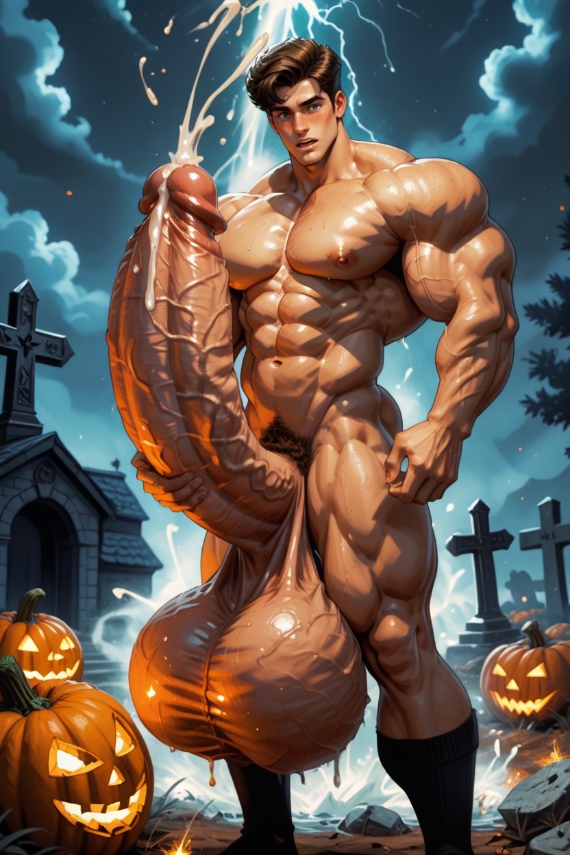 Surprised Face Looking Down, Halloween, Massive Cock AI Gay Porn