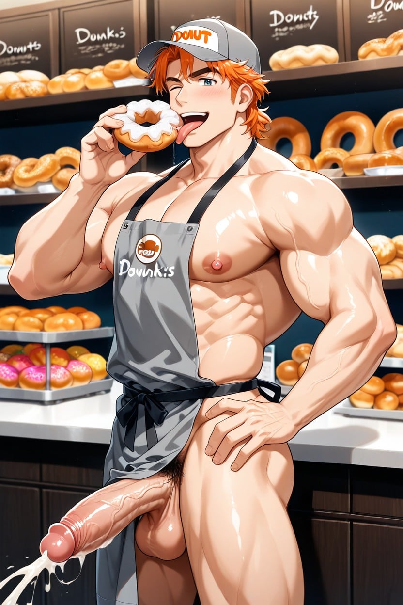 Holding Donut, Wearing Grey Apron, Wearing Grey Cap AI Gay Porn