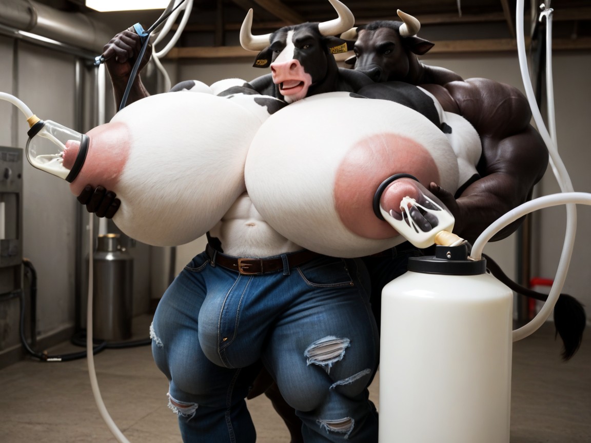 Cattle Furry, Milking Machine Grabbing Cattle Furry's Breasts, Cattle Furry Angry Expression AI Gay Porn