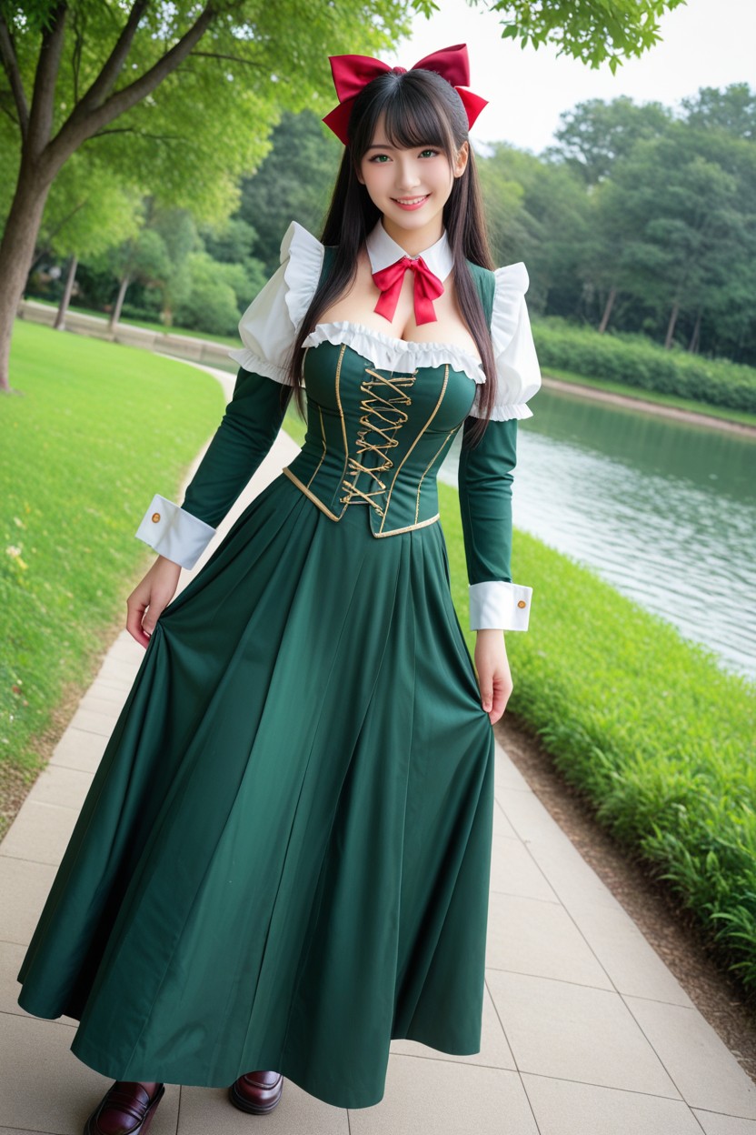 Side View, Detailed, Dark Green Long Puff Sleeves With White Cuffs Asian AI Porn