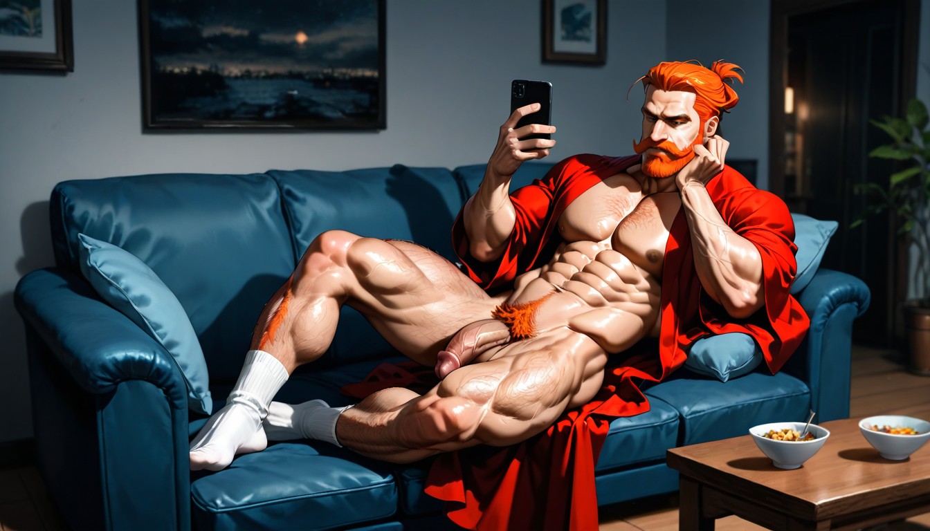 Holding Phone With His Left Hand, Beefy, Huge Pecs AI Gay Porn