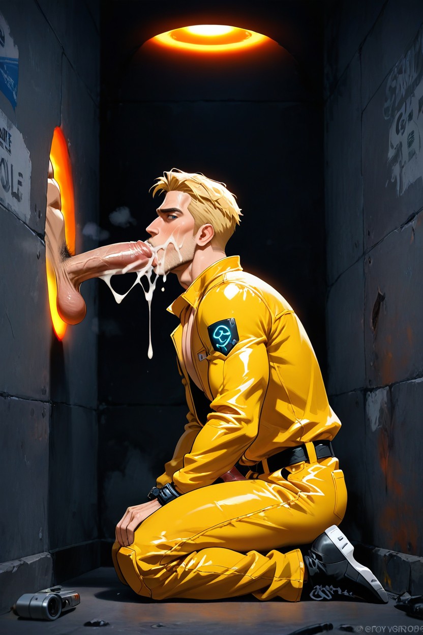 Side View, The Portal Above On The Wall Is Orange, Blonde Hair AI Gay Porn
