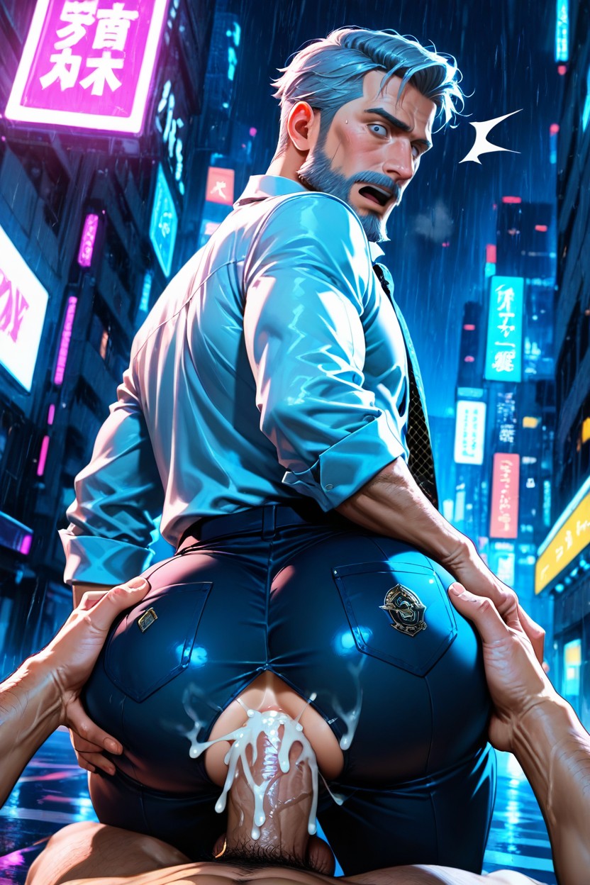 Rainy Night, Nipple Rings, Dynamic Angle AI Gay Porn
