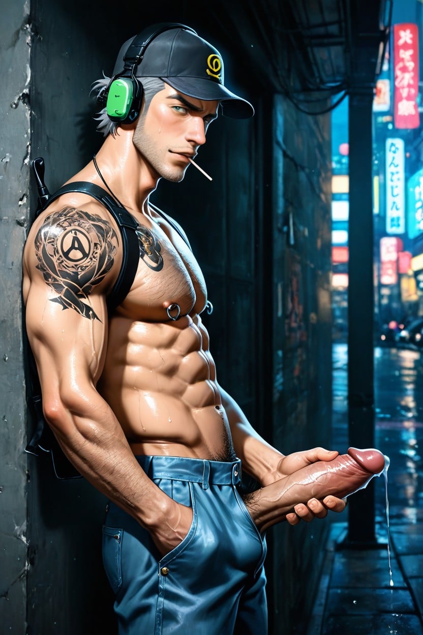 Wide Angle, College Hunk Cosplaying As Munehisa Iwai From Persona, Dripping Precum AI Gay Porn