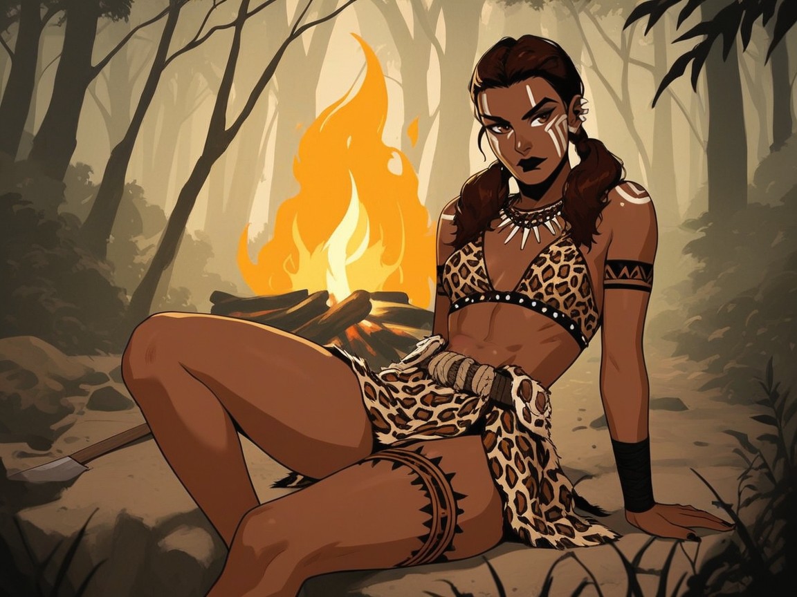 Campfire In Background, Sloped Shoulders, Small Breasts AI Porn