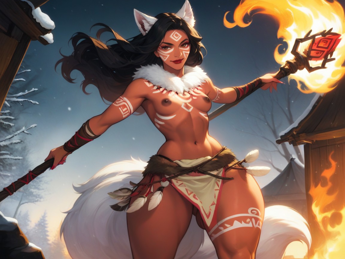 White Fur Foxtail, Wearing Pink Tribal Clothes With White Fur Trim, Snatched Waist Hentai AI Porn