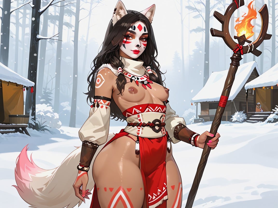 Ancient Tribal Setting, Pink Tribal Face Paint, White Arctic Fox In Background Latina AI Porn