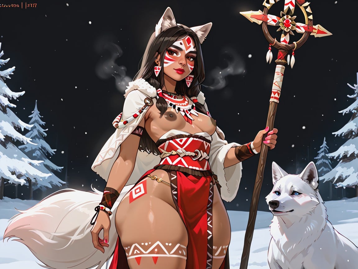 Dust Motes, Wearing Pink Tribal Clothes With White Fur Trim, White Heavy Fur Winter Pelt Latina AI Porn