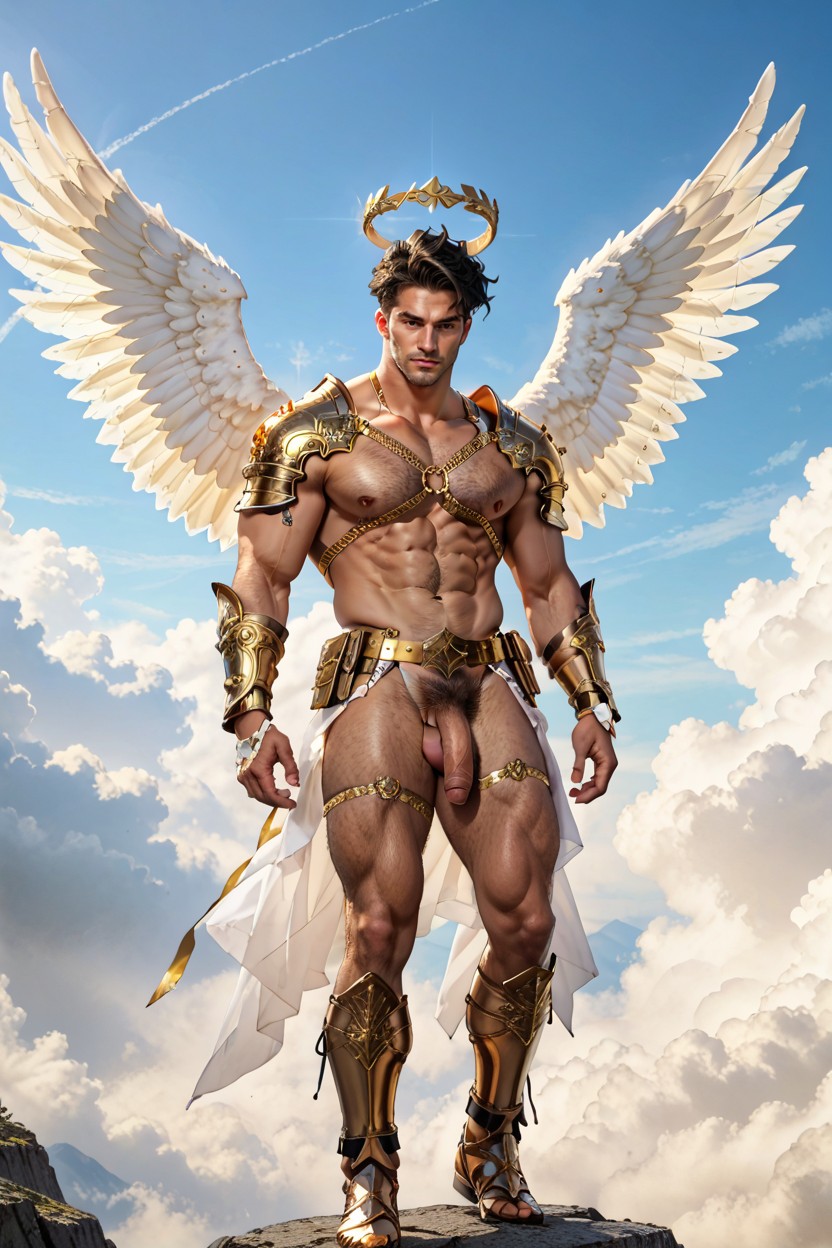 Fit, Golden Glowing Tattoos All Over Body, Armor Dont Cover Dick And Balls AI Gay Porn