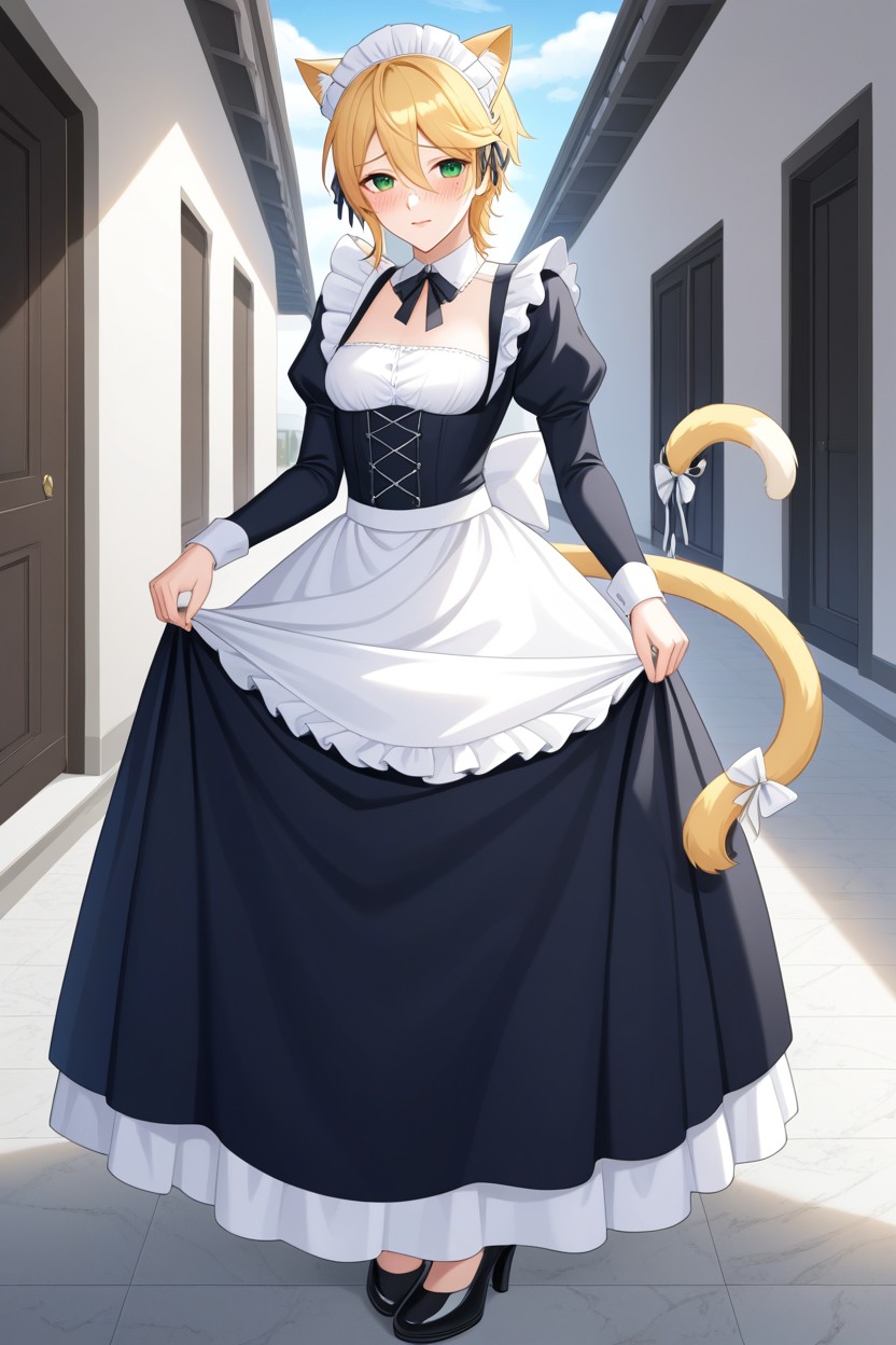 Shy Blush, Gigantic Wide Hoopskirtskirt, Victorian Era Maid Dress AI Porn