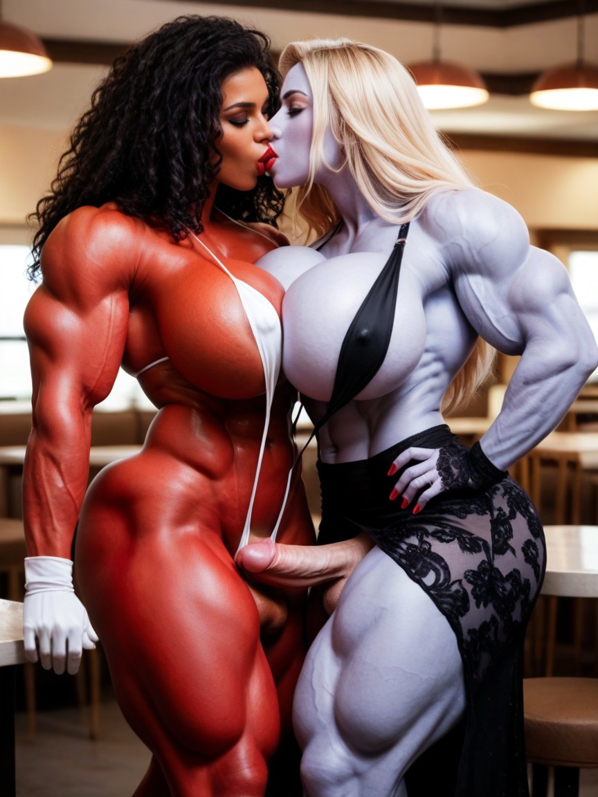Wasp Waist, Black Hair, Kissing Shemale AI Porn